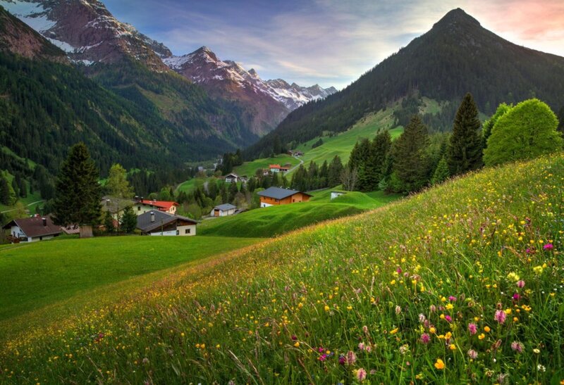 Alpine Village in Valley — Green, Serene