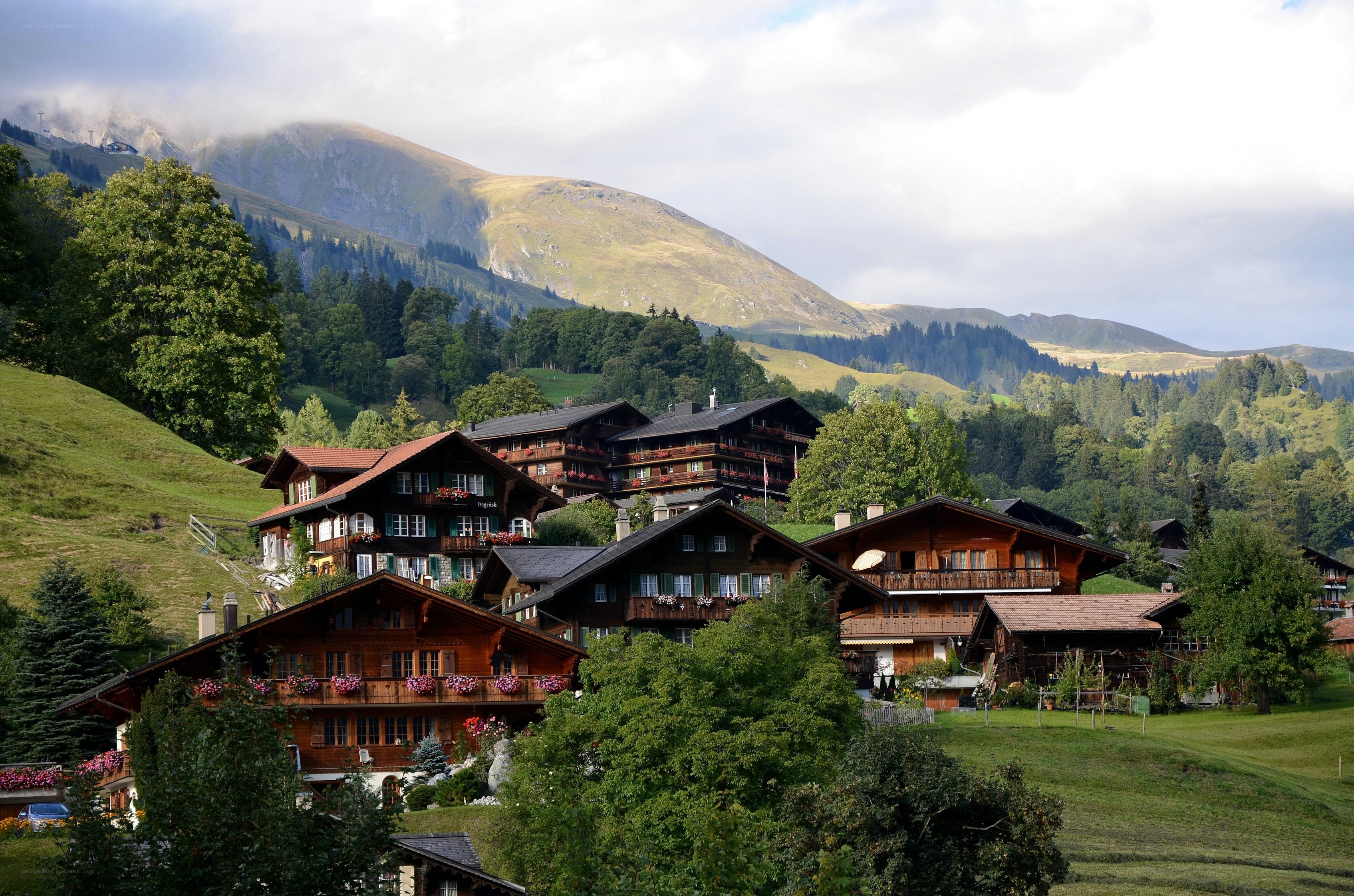 Alpine village with mountain backdrop