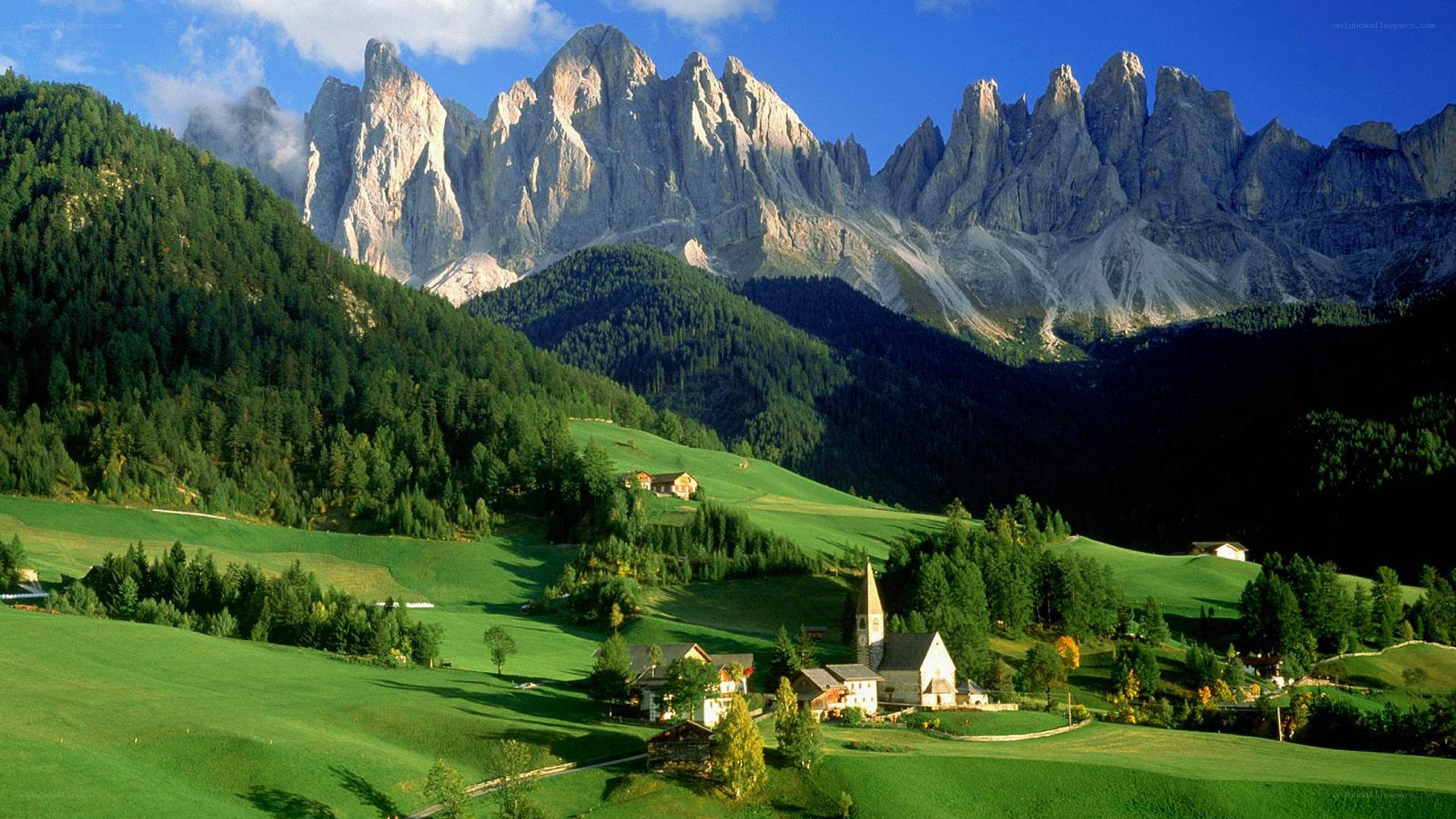 Alpine village with mountain backdrop