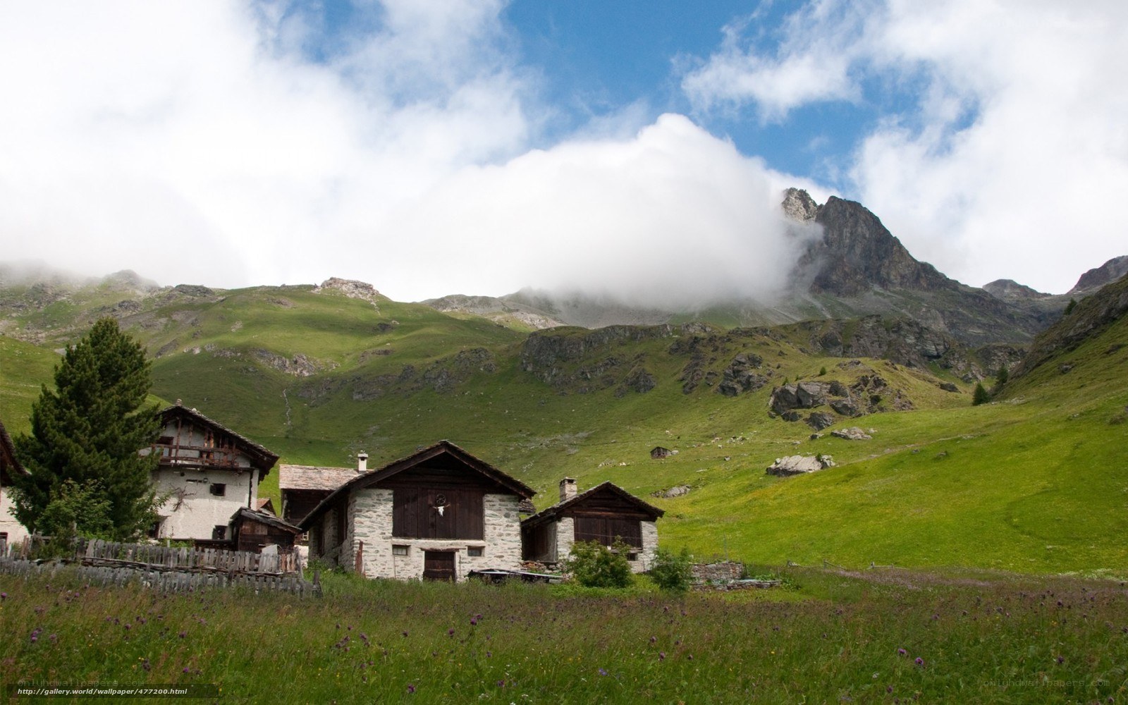 Alpine village with mountain backdrop