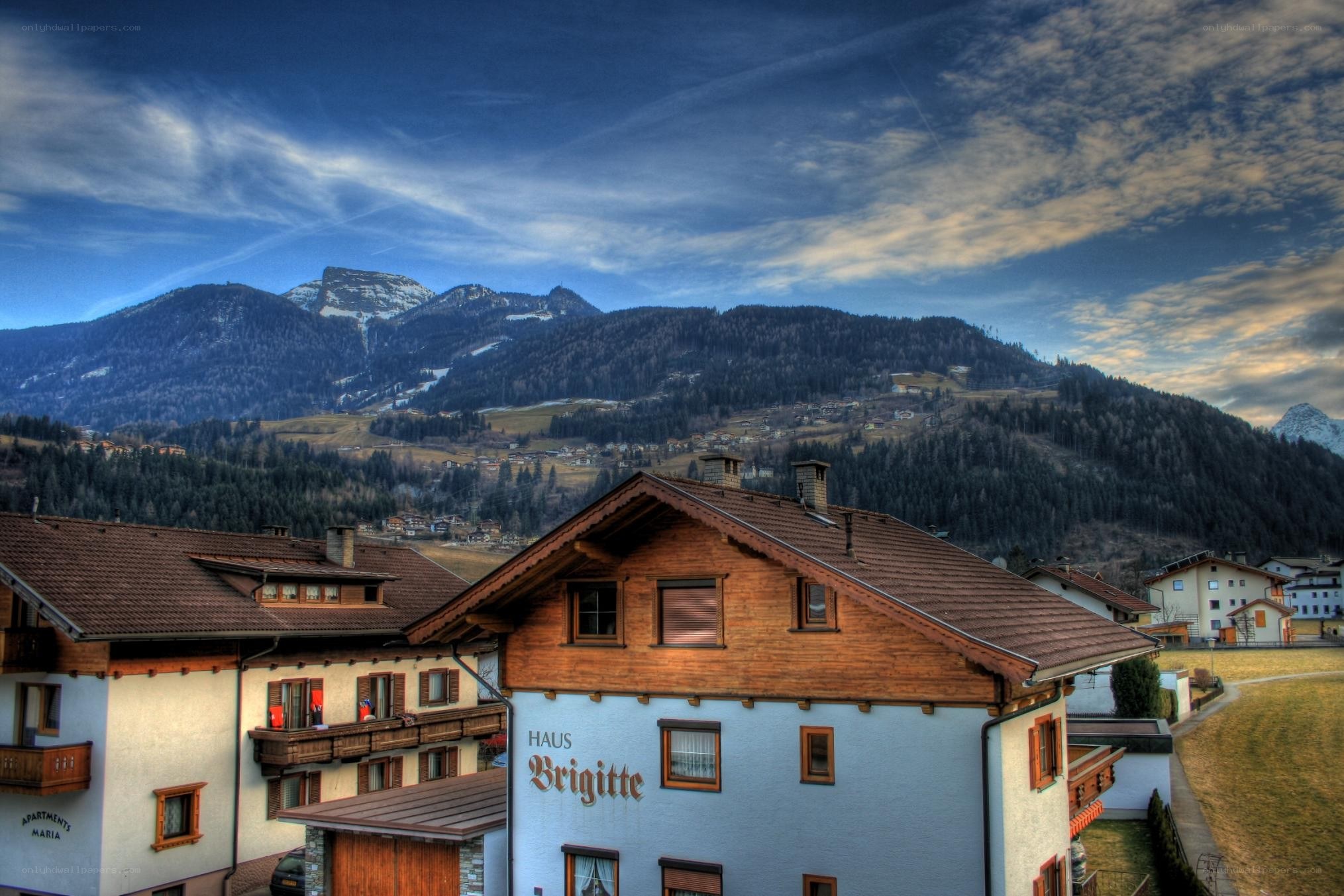 Alpine village with mountain view