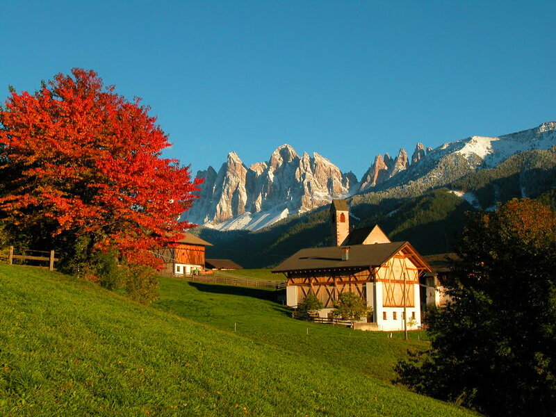 Alpine Village with Mountains — Green, Serene, Autumn