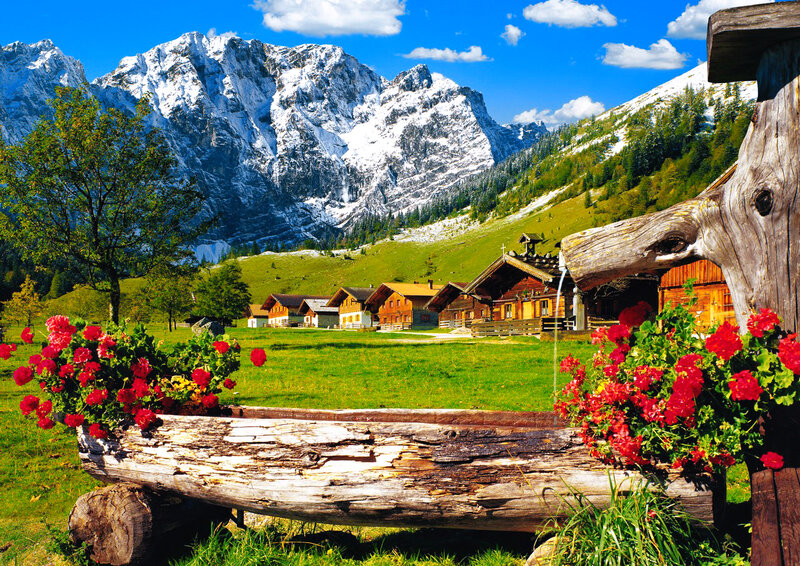 Alpine Village with Mountains — Green, Serene, Summer