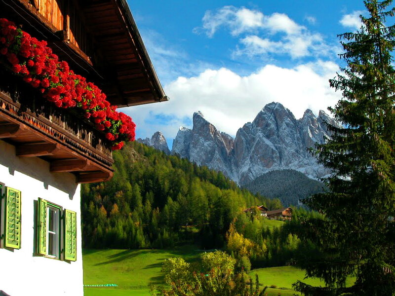 Alpine Village with Mountains — Green, Serene
