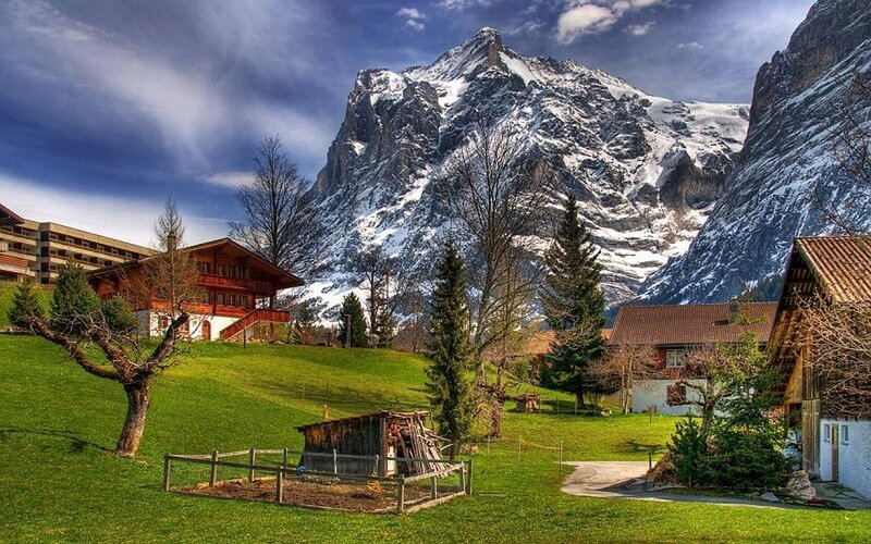 Alpine Village with Mountains — Green