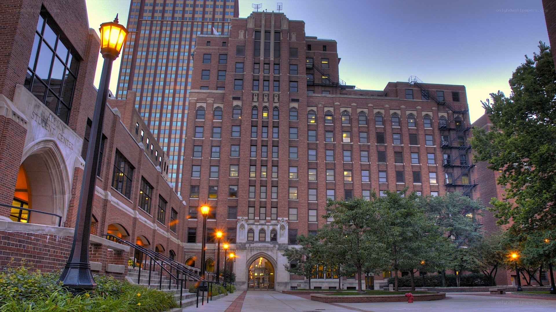 Alumni Student Center at dusk