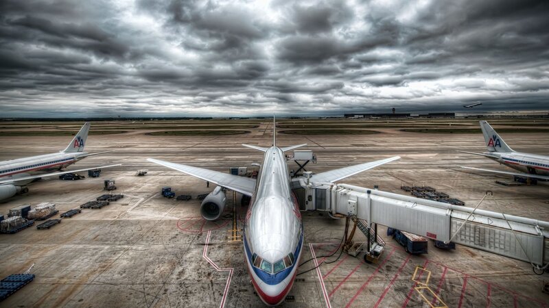 American Airlines Plane — Gray, Dramatic, Photograph, Airplane, Jet Bridge