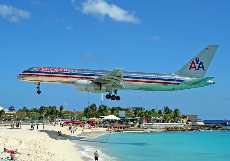 American Airlines plane over beach
