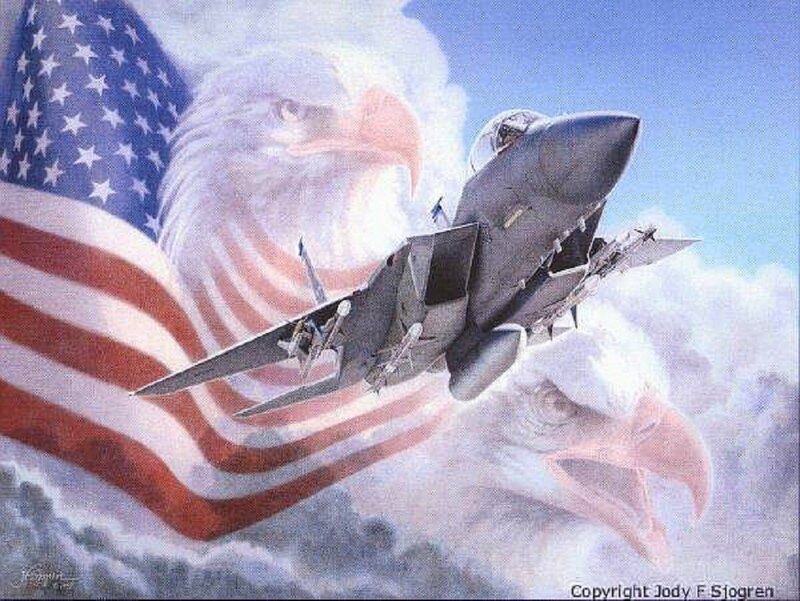 American fighter jet with eagle and flag