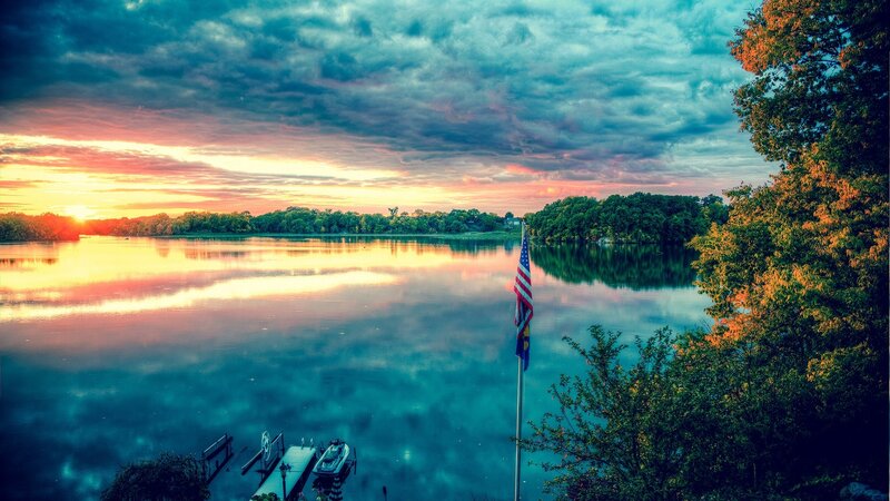 American Flag at Sunset — Blue