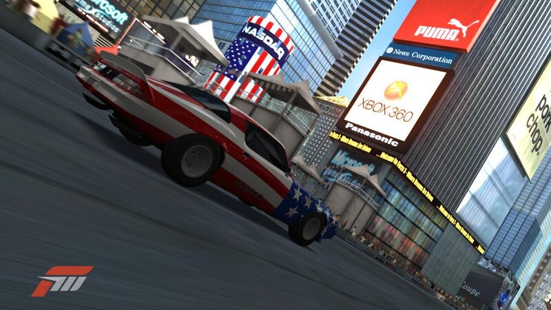American flag car in city