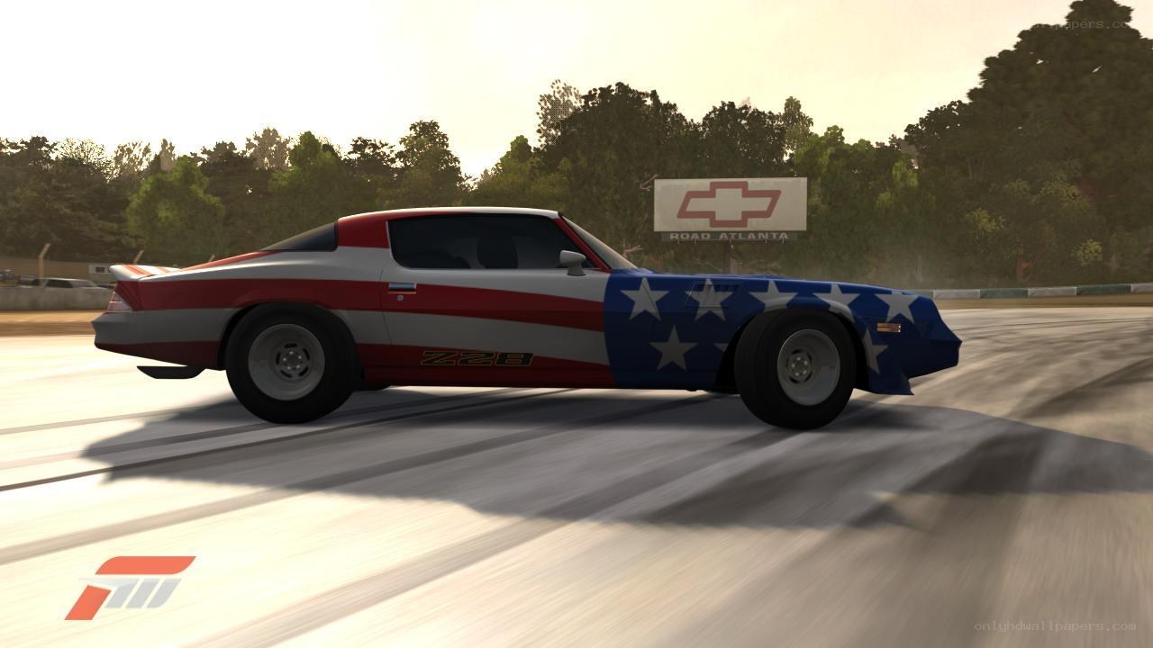 American flag car on track