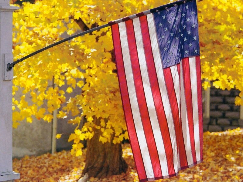 American flag in autumn