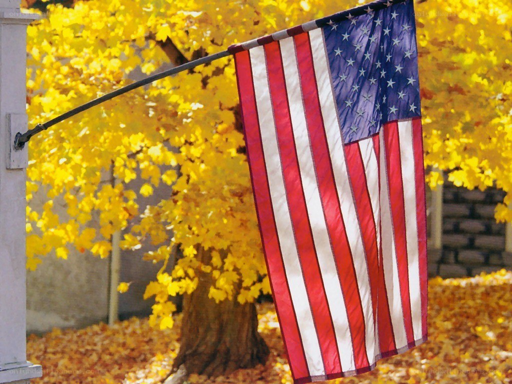 American flag in autumn
