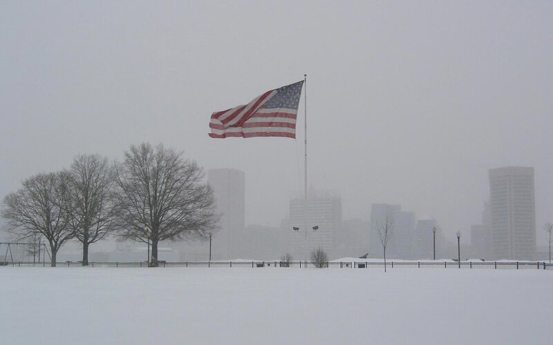 American Flag in Snow — White, Cold