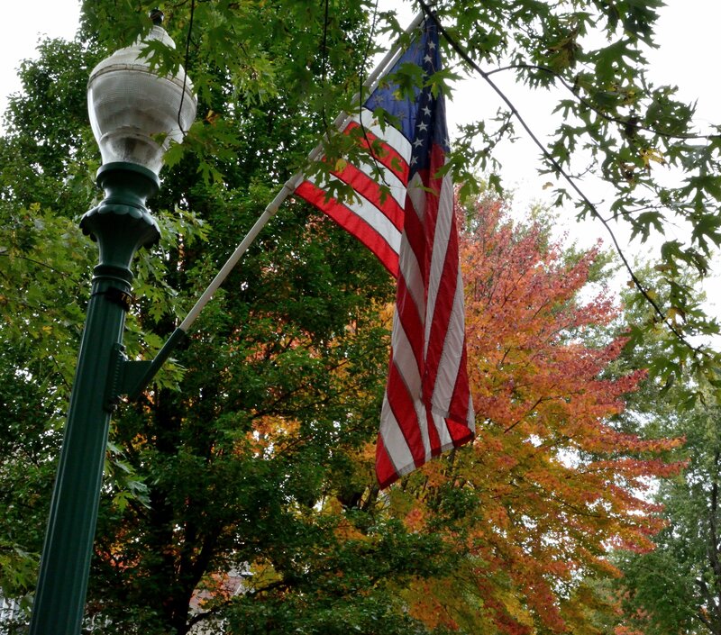 American Flag on Lamp Post — Green, Calm