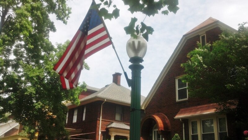 American Flag on Lamp Post — Green