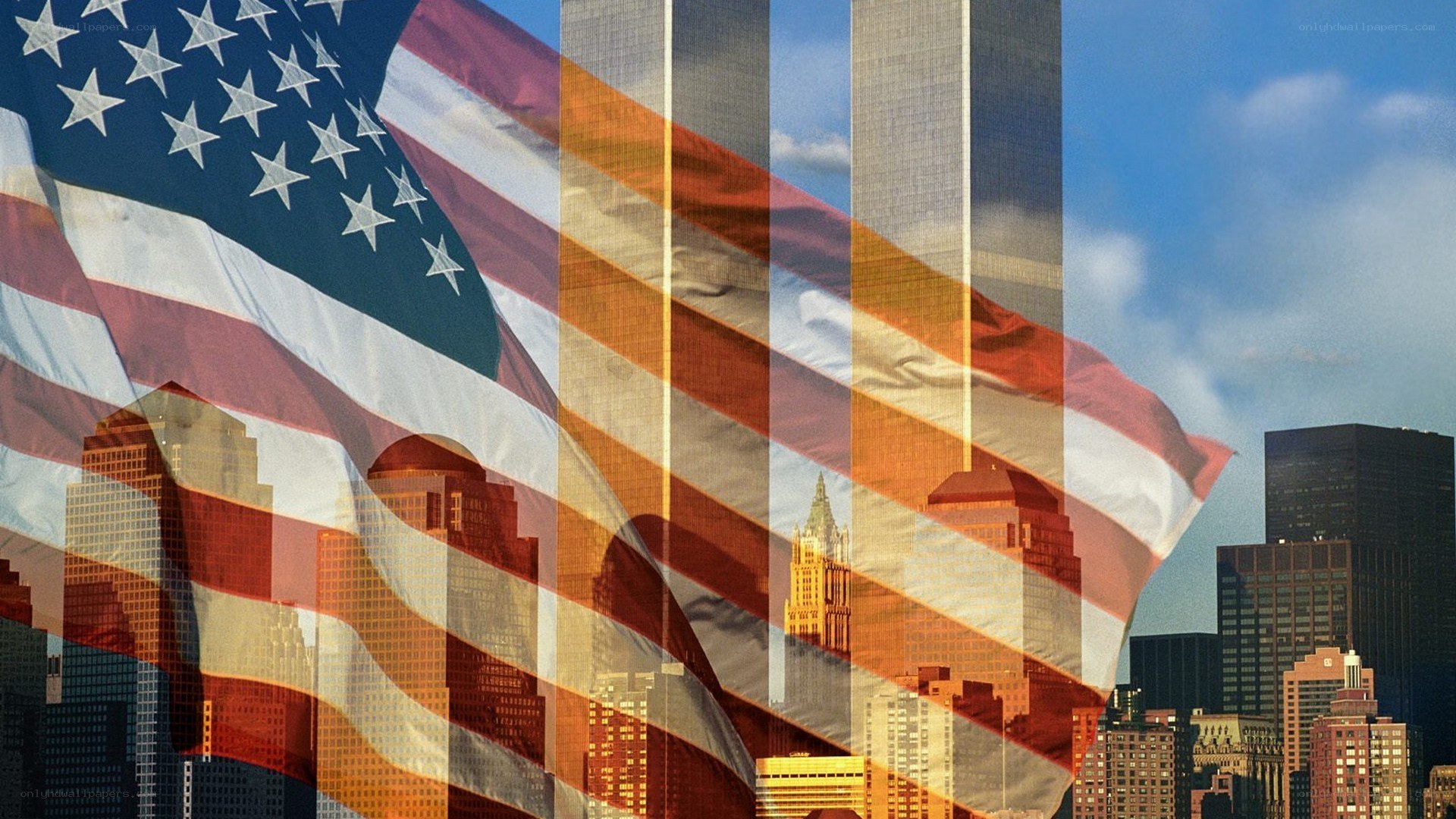 American flag over city skyline
