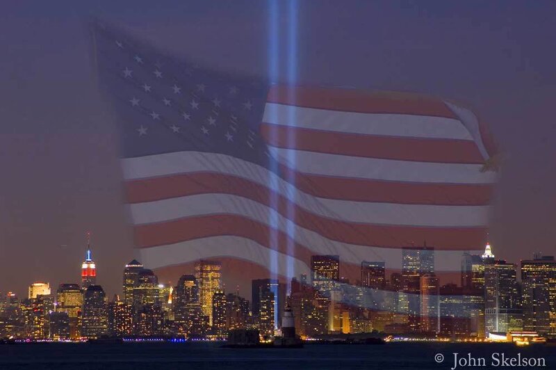 American Flag over City