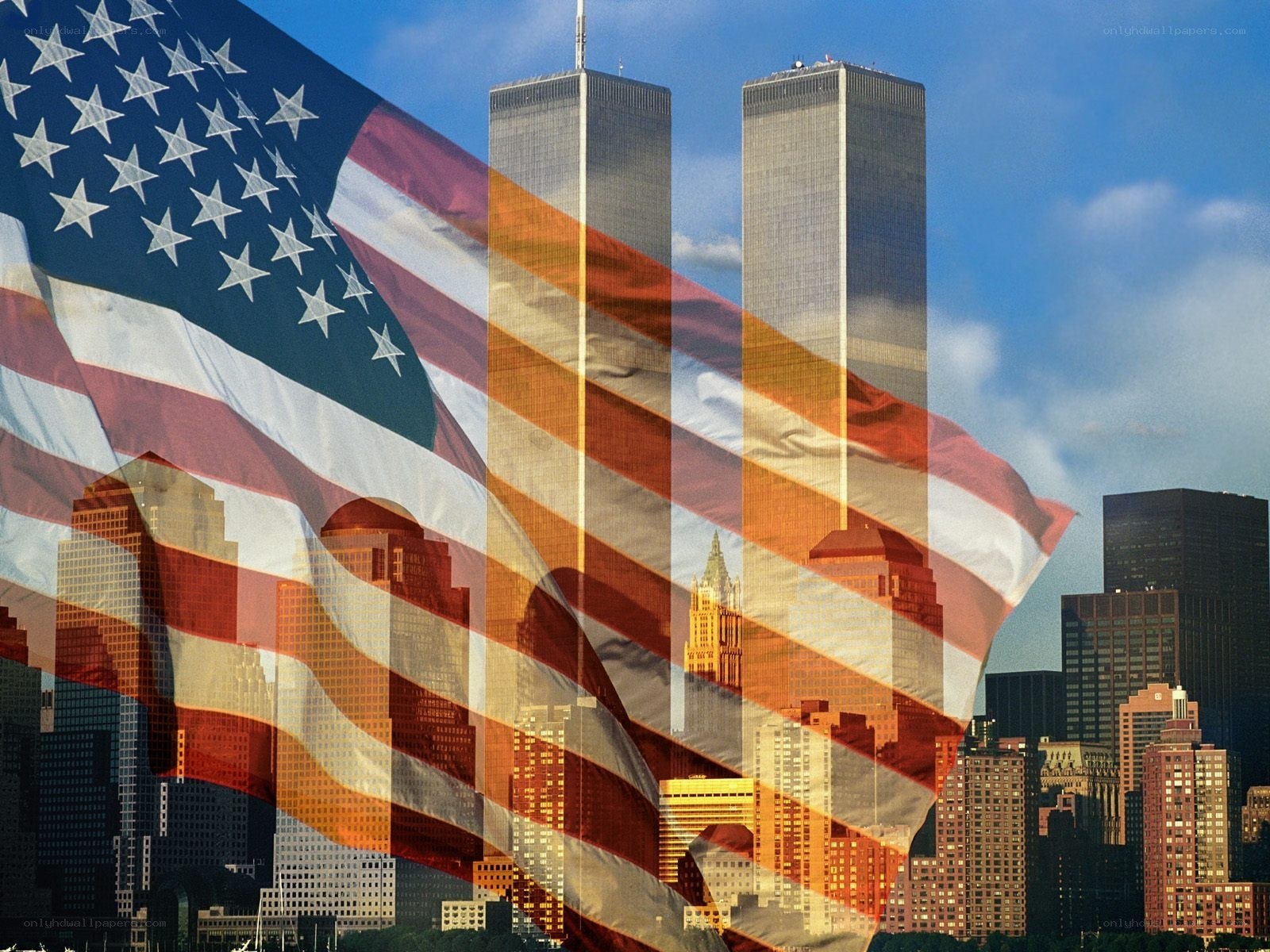 American flag over NYC skyline