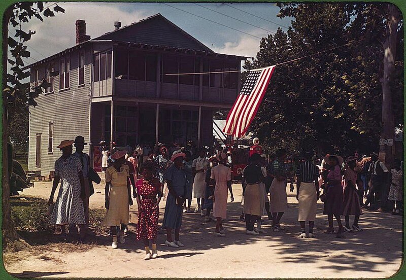 American flag parade in a town