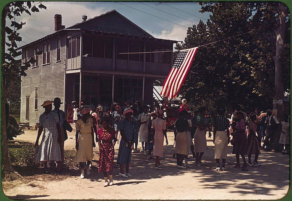 American flag parade in a town