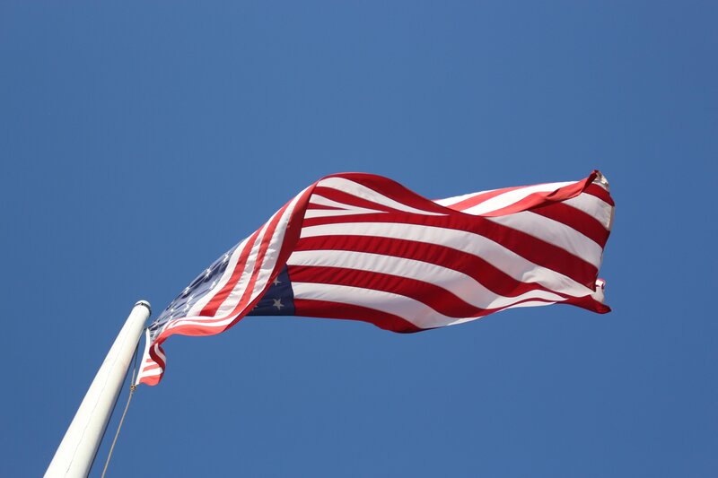 American Flag Waving — Blue, Patriotic, Afternoon, Photograph, Flagpole, Sky