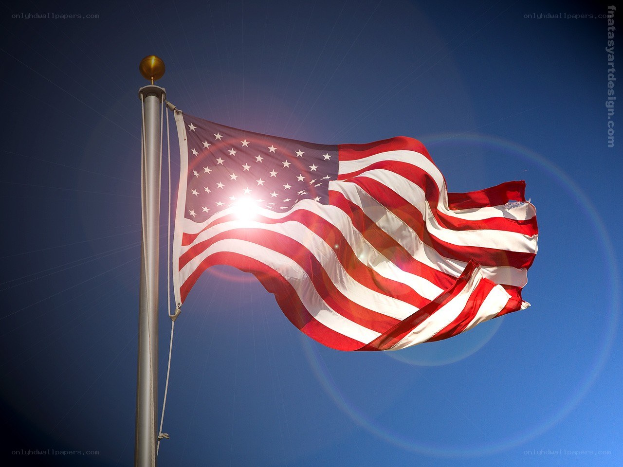 American flag waving in sunlight