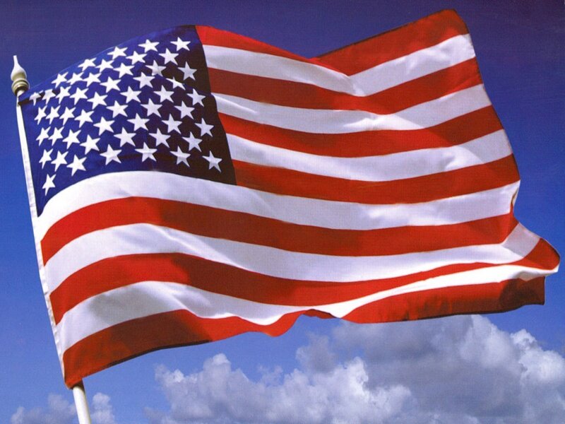 American Flag Waving — Red, Patriotic, Afternoon, Photograph, Flagpole, Sky, Clouds, White