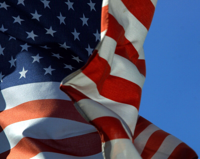 American Flag Waving — Red, Patriotic, Afternoon, Photograph, Sky