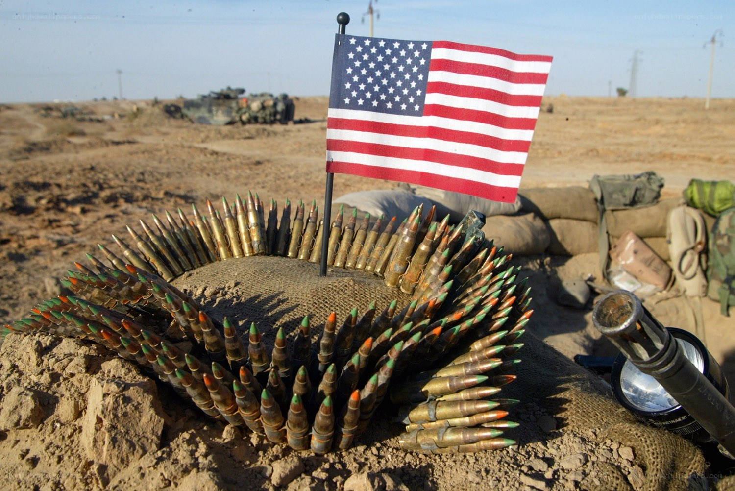 American flag with ammunition display