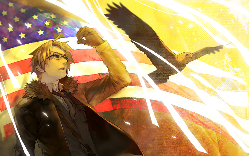 American flag with eagle and character