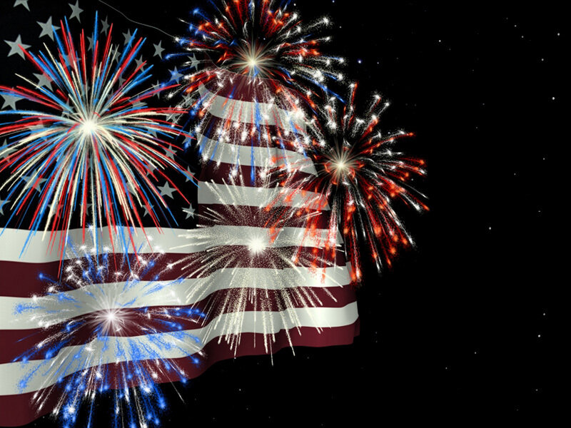 American Flag with Fireworks — Red, Celebratory, Night, Digital Art, Stars