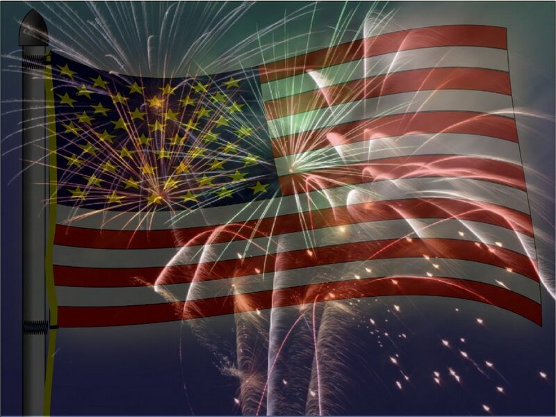 American Flag with Fireworks — Red, Celebratory, Night