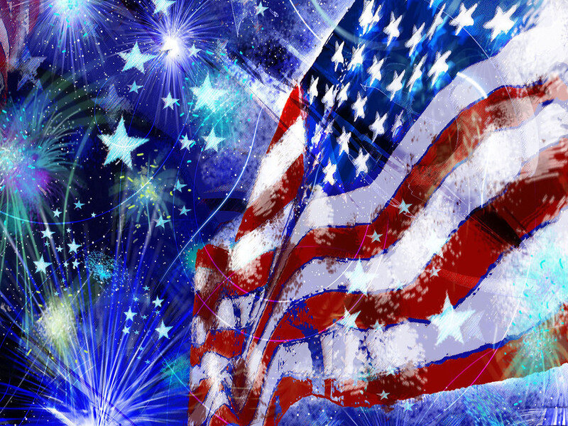 American Flag with Fireworks — Red, Celebratory