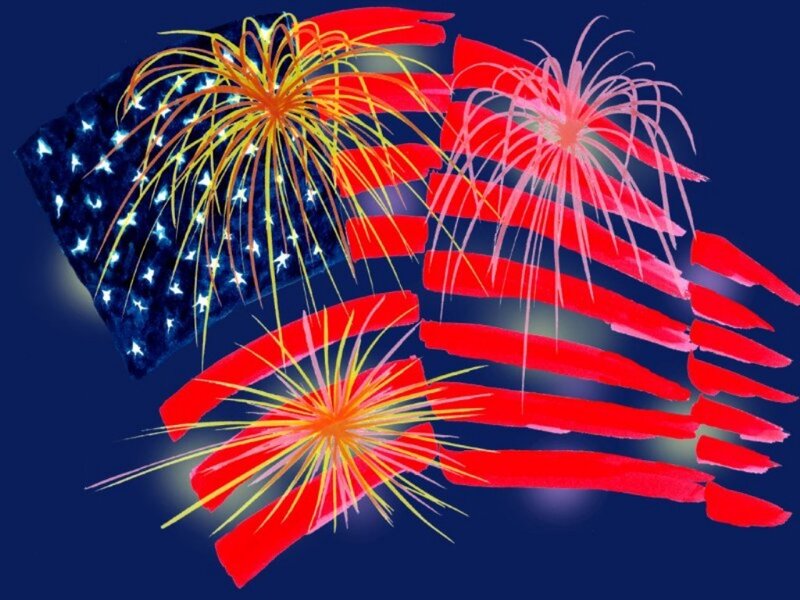 American Flag with Fireworks — Red