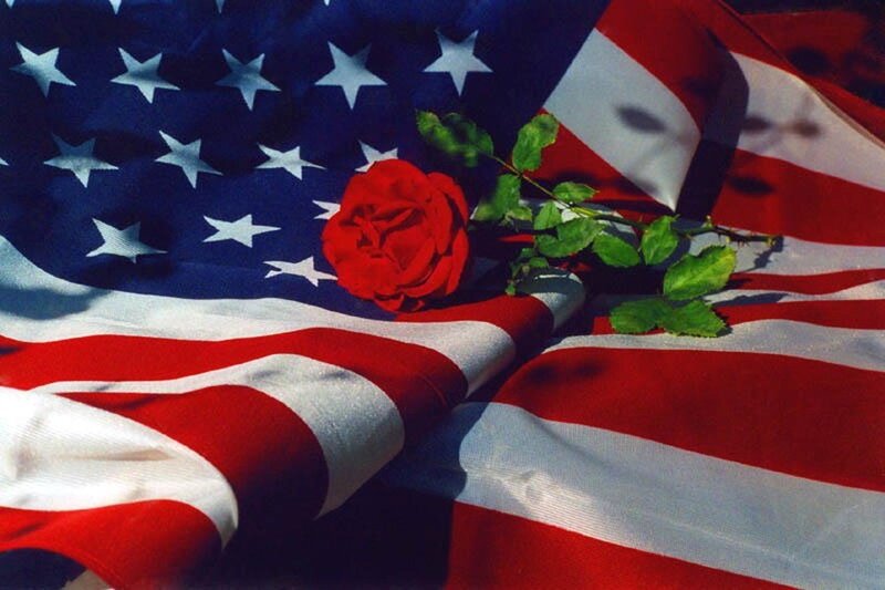 American flag with red rose