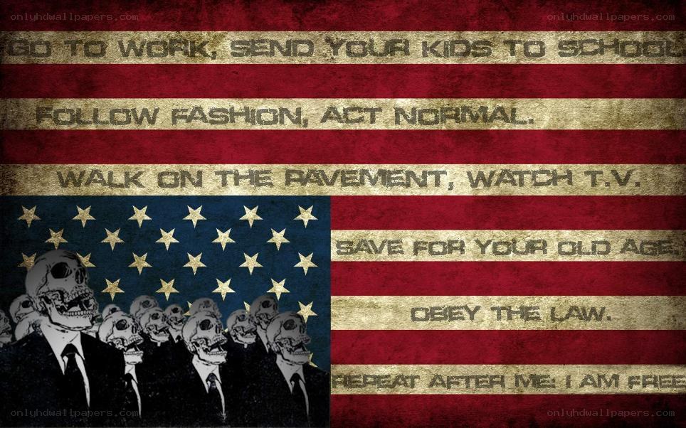 American flag with skulls and text
