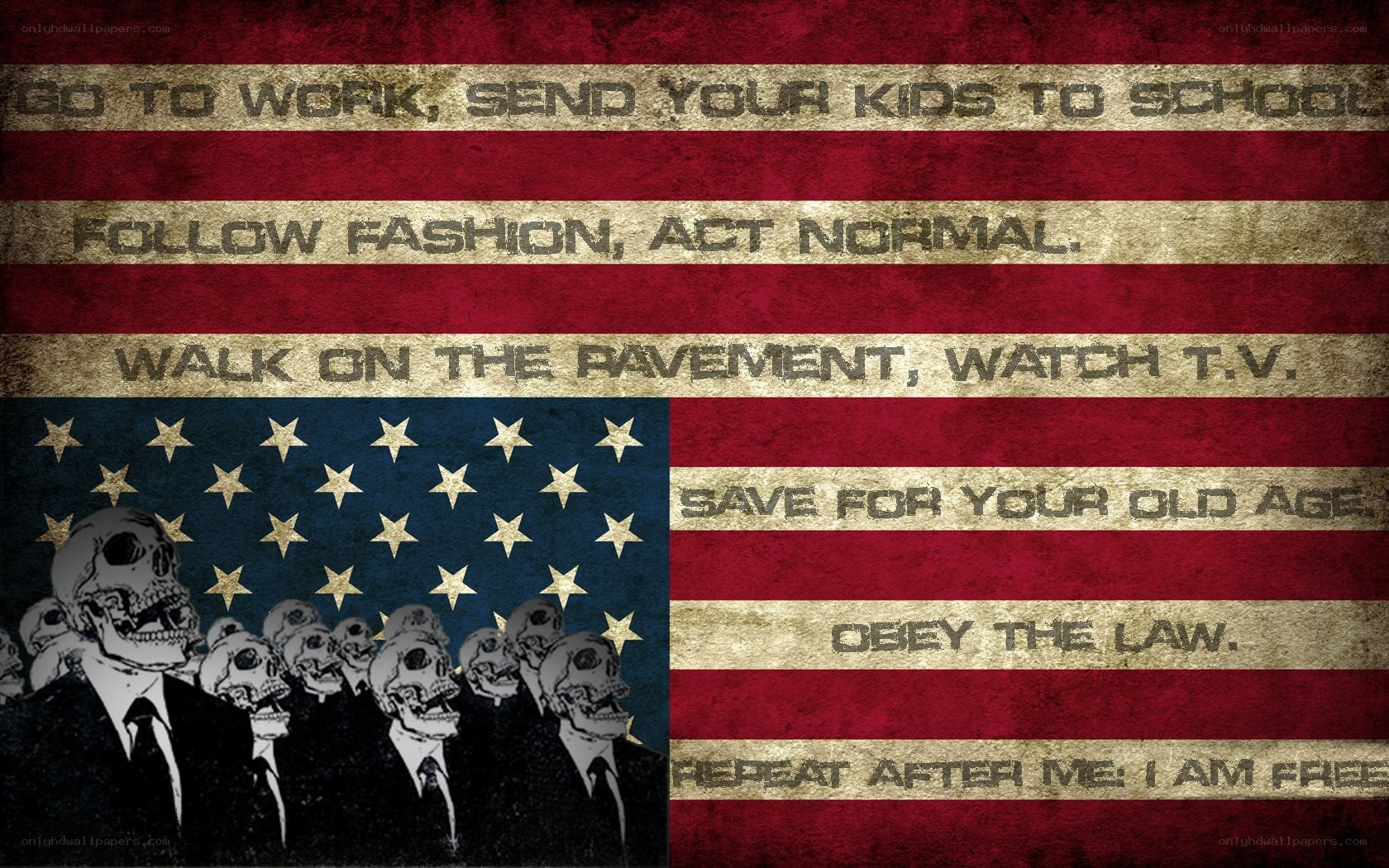 American flag with skulls and text
