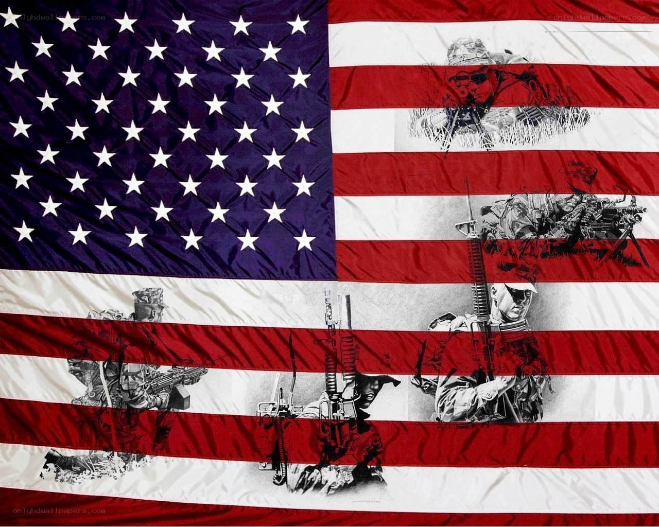 American flag with soldiers