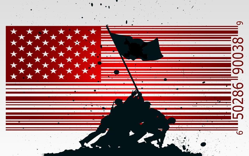 American flag with soldiers raising it