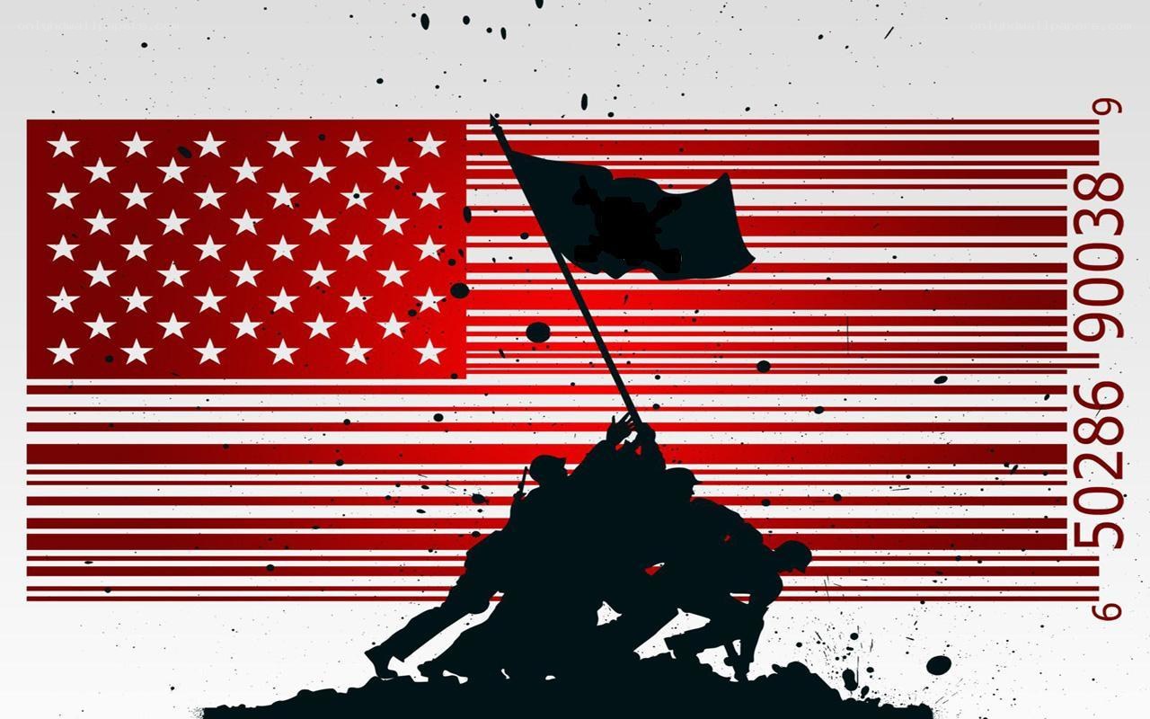 American flag with soldiers raising it