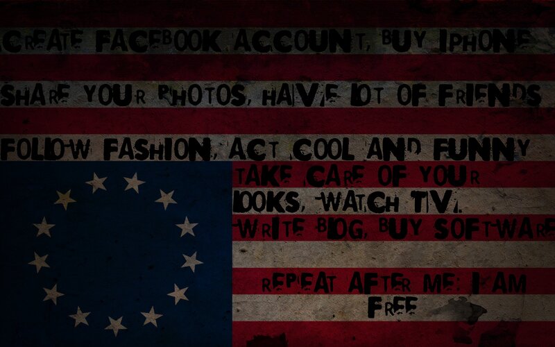 American flag with text overlay