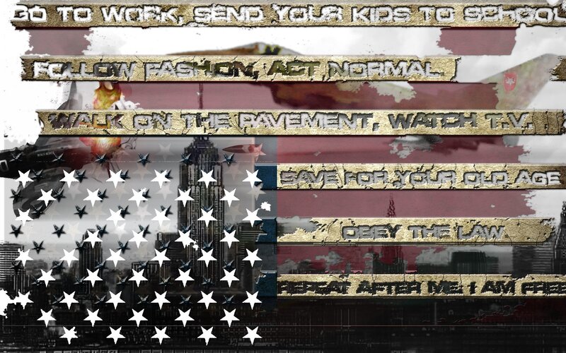 American flag with text overlay