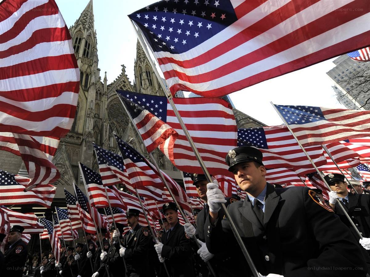 American flags at a parade