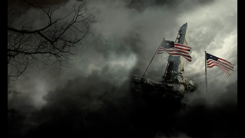 American flags in a war-torn landscape