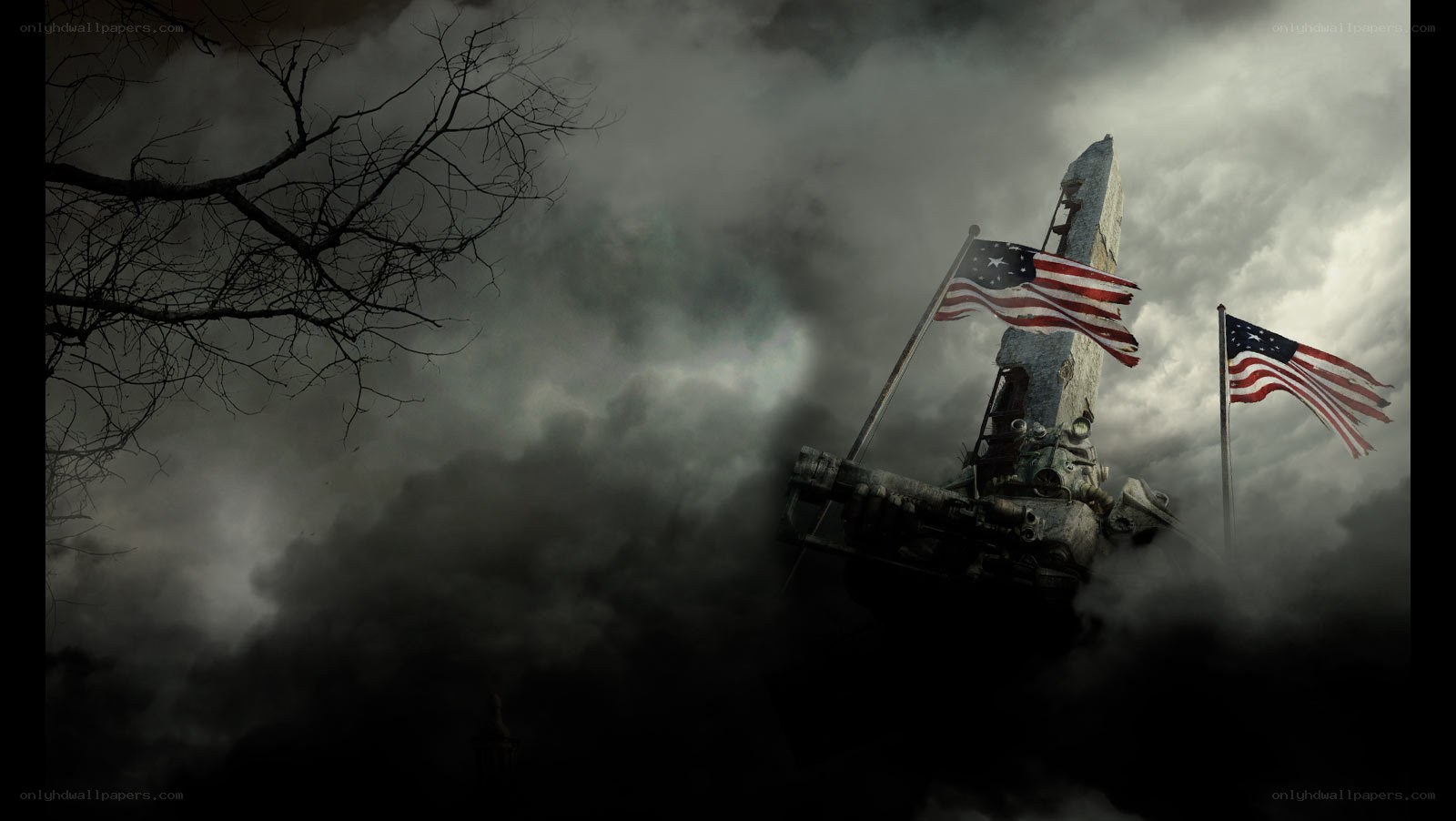 American flags in a war-torn landscape