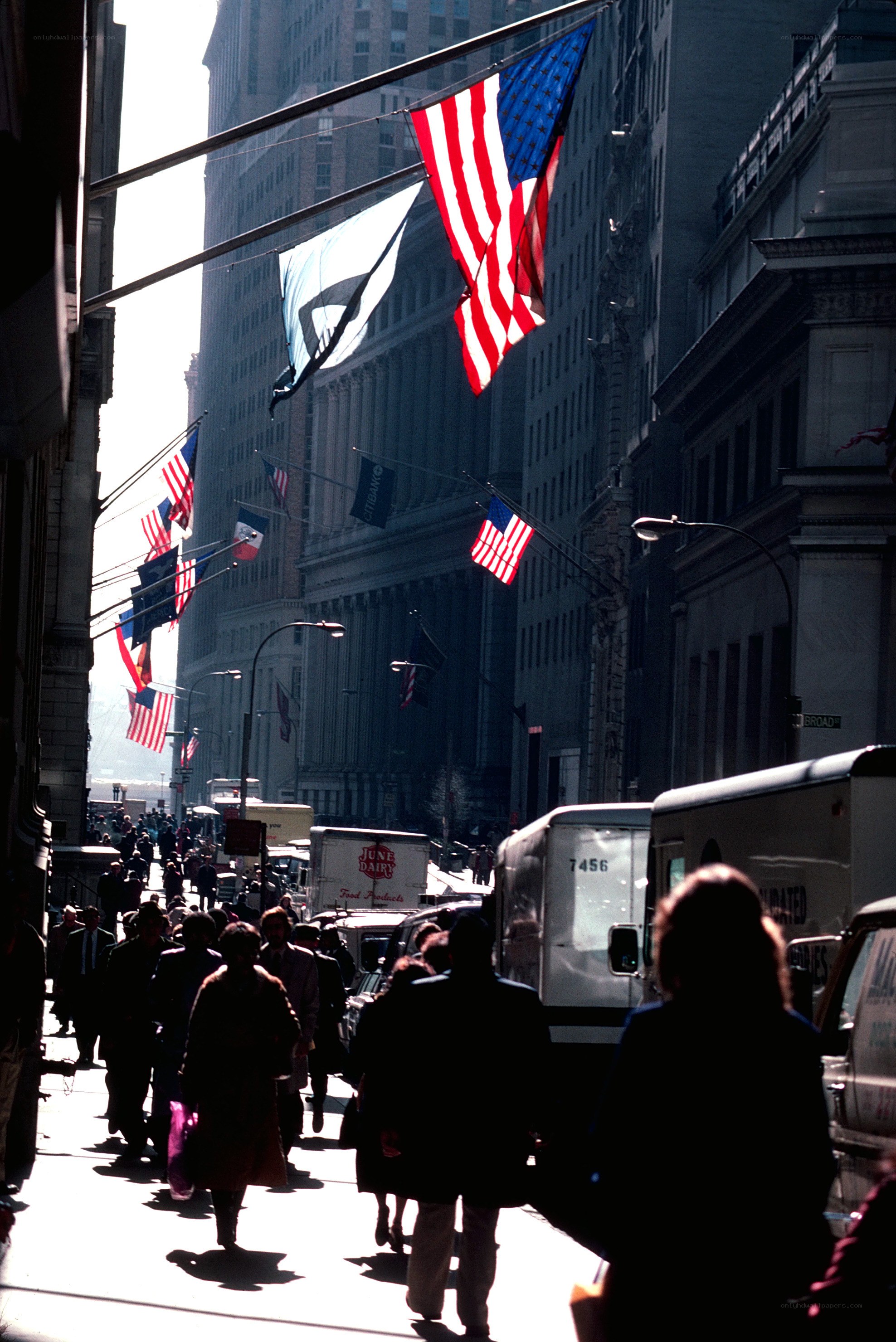 American flags on a city street