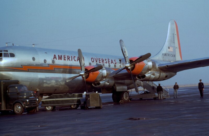 American Overseas Airlines plane on tarmac