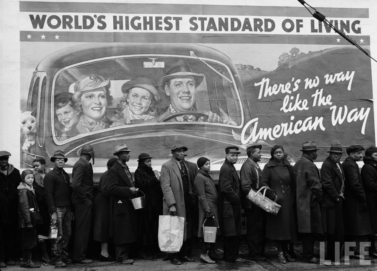 American Way billboard and queue